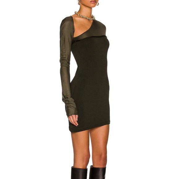 MUGLER Asymmetrical Sheer Mini Dress Military Green - XS - NWT - Picture 4 of 4